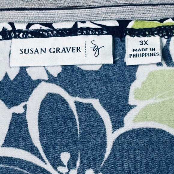 Susan Graver 3X Floral Knit Short-Sleeve Top Navy Green White Floral - Picture 3 of 9